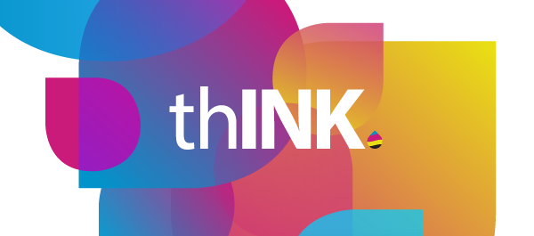 White thINK Logo over Colorful Inkdrop Graphic
